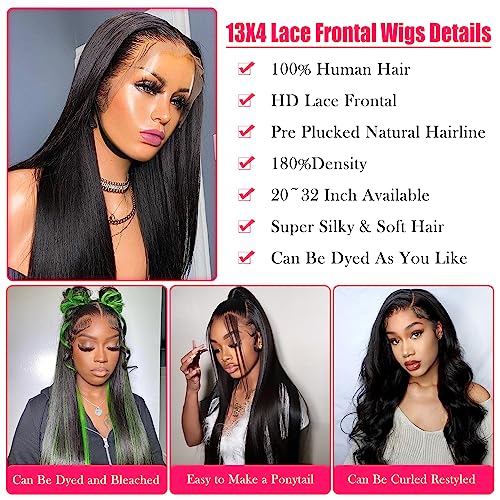 Straight Lace Front Wigs Human Hair 180% Density 13x4 HD Transparent Lace Frontal Human Hair Wigs for Women 180% Density Glueless Wigs Human Hair Pre Plucked Natural Black Color 20inch