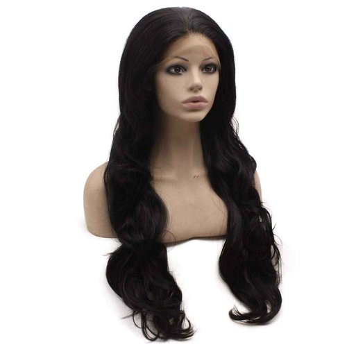 MX angel Long Wavy Lace Wigs Deep Part 13x6 Inch Half Hand Tied Natural Black Synthetic Lace Front Wig