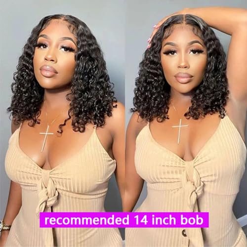 Curly Bob Wig Human Hair 13X4 Water Wave Lace Front Wig Human Hair Pre Plucked 250% Density Curly Bob Wigs for Women Natural Color 14 Inch¡¦