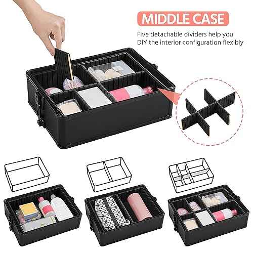 Yaheetech 4 in 1 Professional Makeup Train Case Aluminum Cosmetic Case Rolling Makeup Case Extra Large Trolley Makeup Travel Organizer, with 360¡Æ Swivel Wheels, Black