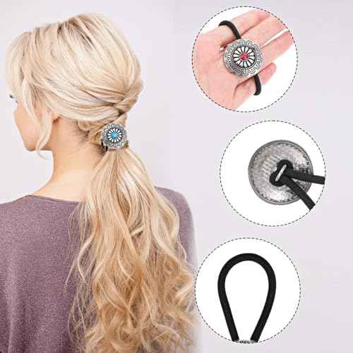 3PCS Western Style Ponytail Holders, Metal Hair Ties Bracelet, Boho Hair Clips Vintage Turquoise Concho Squash Blossom Hair Bands Elastic Hair Cuffs Hair Accessories for Women Girls
