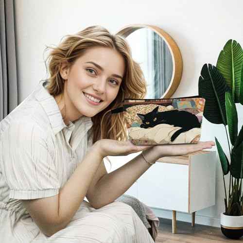 Cat Present Black Cosy Cat Makeup Bag Cute Small Organizer Bag with Zipper Floral Black Cat Kitten On Bed Cosmetic Bag Birthday Present for Cat Lovers Women Friends