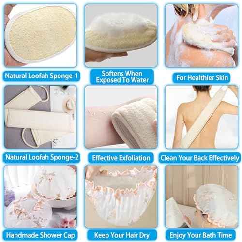 Expandable Folding Bathtub Tray and Tub Pillow, with Handmade Shower Cap and Bathing Luffa Noodle 2-Piece Set