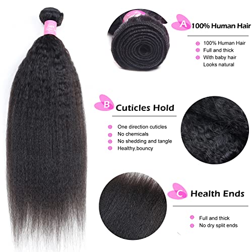 Kinky Straight Bundles 16 18 20 Brazilian Kinky Straight Human Hair Bundles Unprocessed Virgin Hair 3 Bundles 100g/Bundles Double Weft Yaki Straight Human Hair Weave Extensions Natural Color
