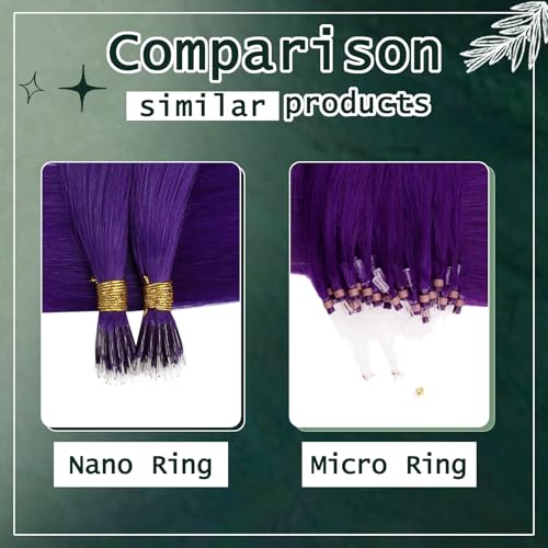 RUNATURE Nano Hair Extensions Real Human Hair Purple Nano Bead Hair Extensions 20 Inch Long Hair Cold Fusion Hair Extension No Glue Remy Natural Hair 50g 50s