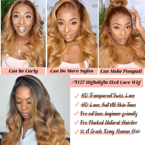 Smavida Highlights Blonde Lace Front Wigs Human Hair,13x6 Honey Blonde HD Lace Front Wig Pre Plucked with Baby Hair Highlight Ombre 4/27 Body Wave Lace Frontal Wig for Women 150% Density 22 Inch