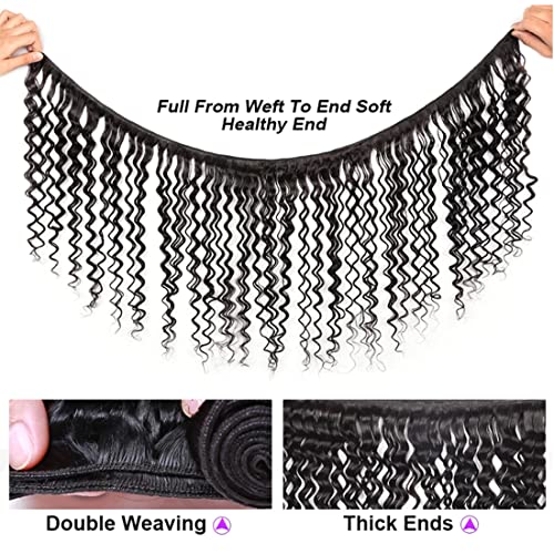 3 Bundles with Closure Human Hair (14 16 18+12 Closure) Deep Wave Bundles with Closure 100% Unprocessed Brazilian Virgin Remy Hair 4x4 Lace Closure with Baby Hair Free Part Pre Plucked for Black Women