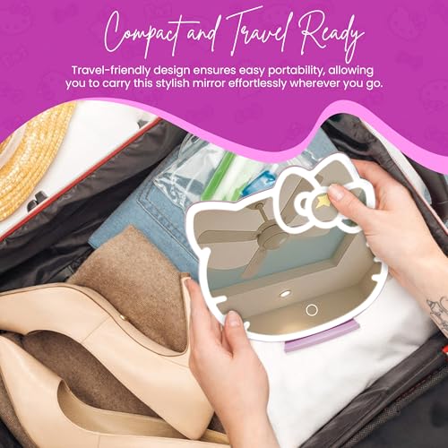 Impressions Vanity Supercute Hello Kitty Tabletop Desk Mirror with Lights and Touch Sensor Switch, Adjustable Tri Tone LED Lighted Makeup Mirror with Hidden Extendable Tray and Phone Holder