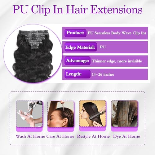 Seamless Body Wave Clip Ins Human Hair Extensions Invisible Weft Clip In Hair Extensions Real Human Hair 16Inch 8Pcs PU Clip ins Remy Hair for Women 18Clips 120g Natural Black