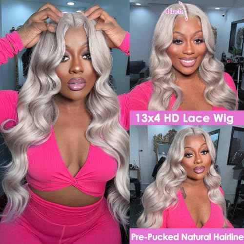 Pisenor 13x4 Grey Lace Front Wig Human Hair Body Wave Lace Frontal Wigs HD 180% Density Transparent With Baby Hair Natural Hairline Pre Plucked Lace Front wigs (26 inch)