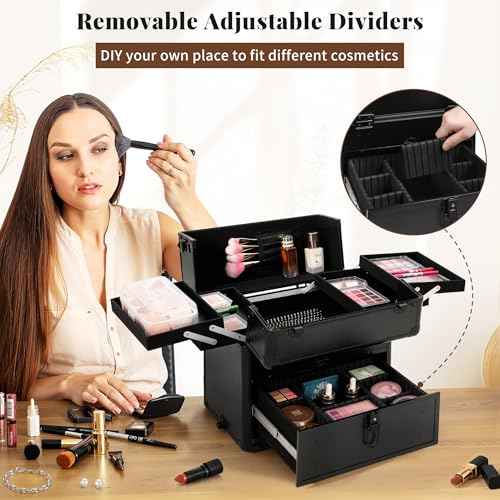 AROUS Rolling Makeup Case with 3 Drawers, Cosmetology Case on Wheels 5 IN 1 Makeup Train Case Make Up Organizer for Artist Salon Nail Teach Trunk,Black