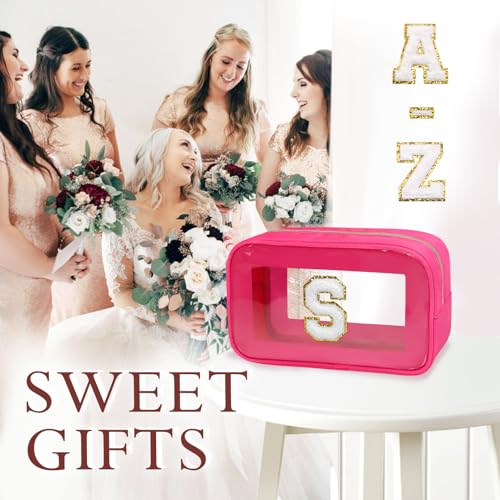 Gloppie Initial Clear Makeup Bag - Preppy Cosmetic Travel Toiletry Bag With Chenille Letter S - Gift for Women