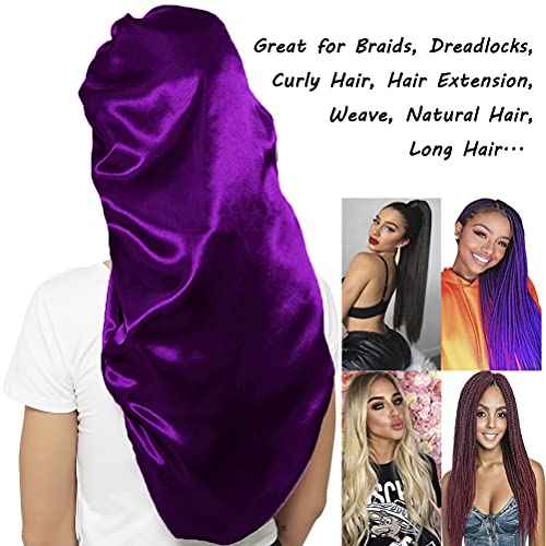 2 Pcs Hair Bonnets for Women Satin, Soft Elastic Band Silky Sleeping Cap Big Bonnets for Women Comfortable Bonnet for Braids(Black+Purple)