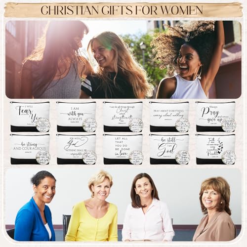 Kacctyen 20 Pcs Christian Gift for Women Bulk 10 Inspirational Religious Canvas Makeup Bag 10 Mini Christian Compact Mirrors Religious Gifts for Pastor Church Christmas Thanksgiving Gifts(Classic)