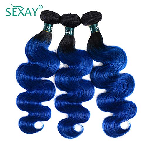 SEXAYHAIR Blue Human Hair Bundles Brazilian Ombre Body 1b/blue Wave 1Bundle Hair Unprocessed Virgin Human Hair Extensions, 2 Tone Ombre Blue Hair Bundles (24",1b/Blue)