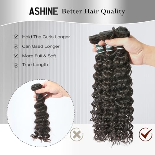 ASHINE Human Hair Bundle Deep Wave Unprocessed Cambodian Raw Hair 22 Inch, Flip Over Quick Weave Wet and Wave Bundles for Women Natural Black