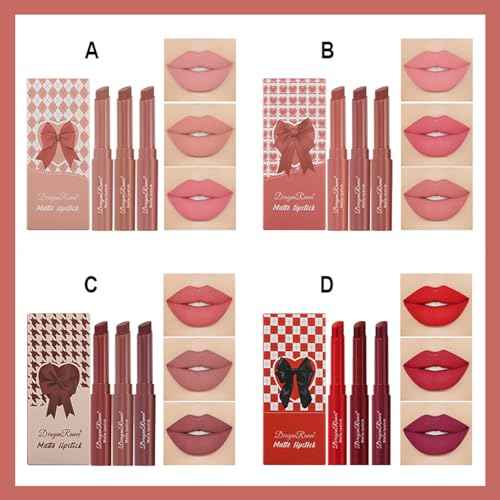 3 Colors Red Tube Lipstick, Cigarette Lipstick Set, Labiales Mate Velvet Lipstick Moisturizer & Smooth, Long Lasting 24 Hours Waterproof (Set A)