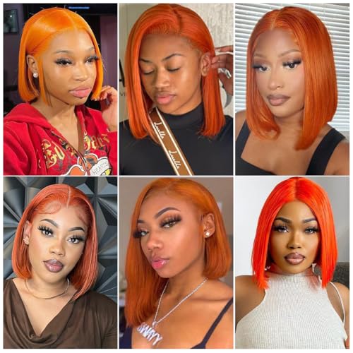 #350 Ginger Bob Lace Front Wig Human Hair 13x4 HD Transparent Lace Frontal Wigs Pre Plucked Short Straight Bob Wig for Black Women with Baby Hair 180% Density Brazilian Orange Ginger Wig 8 Inch