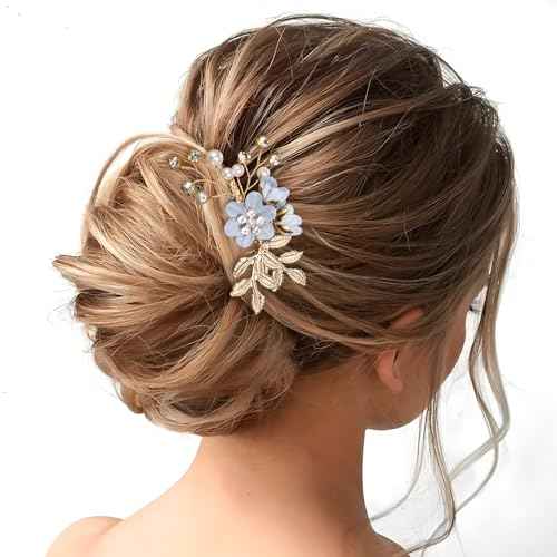 3pcs Flower Tassel Hair Pins, Vintage Chinese Rhinestones Pearl Hair Sticks, Floral Bun Updo Hair Comb Clip, Bridal Headpiece for Women Wedding, Parties - Blue