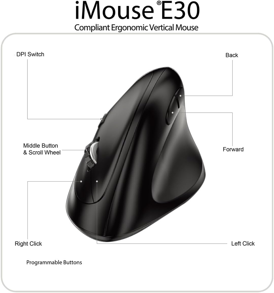 Adesso iMouse E30 2.4GHz Wireless Ergonomic Vertical Mouse Adjustable DPI Programmable Driver Optical Sensor Right Handed