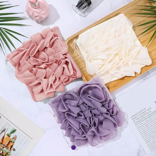 3 Pcs Washcloth Loofah Combo, 2 in 1 Bath Loofah Sponge with Drawstring, Exfoliation Mesh Shower Puff Ball for Body Wash Cleansing and Smooth Skin (Purple Pink Beige)