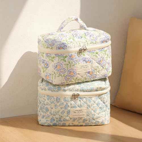 uekeboag Large Travel Quilted Makeup Bag for Women, Floral Cotton Cosmetic Bag, Coquette Aesthetic Floral Toiletry Organizer Bag