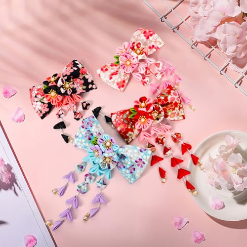 1pcs Japanese Style Hair Clips, Bowknot Tassel Hair Accessories Flower Kimono Traditional Hairpins Barrette Cherry Blossom Hair Clamp Bride Hanfu Accessory for Womens (Blue)