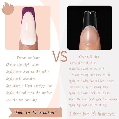 Press on Nails, 24 pcs French Press on Nails, Fake Ombre, Acrylic ons Glossy False Full Cover Glue on Soft Gel Stick on, for Women
