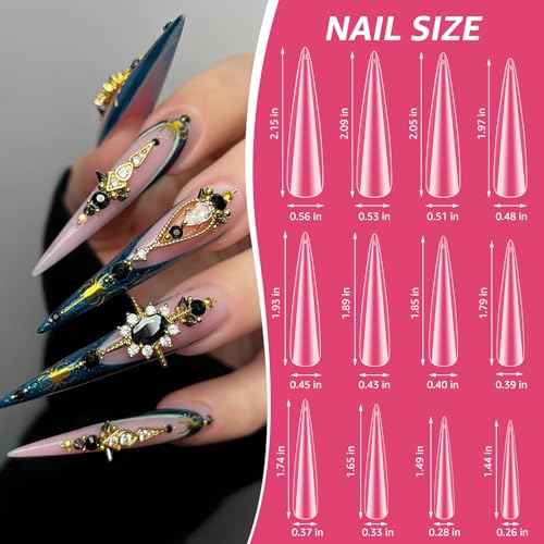 504PCS 3XL Stiletto Nail Tips, Extra Long Clear Acrylic Nails Professional, 12 Sizes Tapered Acrylic Press On Gel Nail Tips for Nail Salons Home DIY
