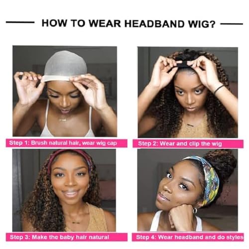 Highlight Headband Wig Human Hair Deep Wave 4/27 Ombre Curly Human Hair Headband Wigs for Black Women Glueless None Lace Front Brazilian Virgin Wig Wear and Go 150% Density 22 Inch