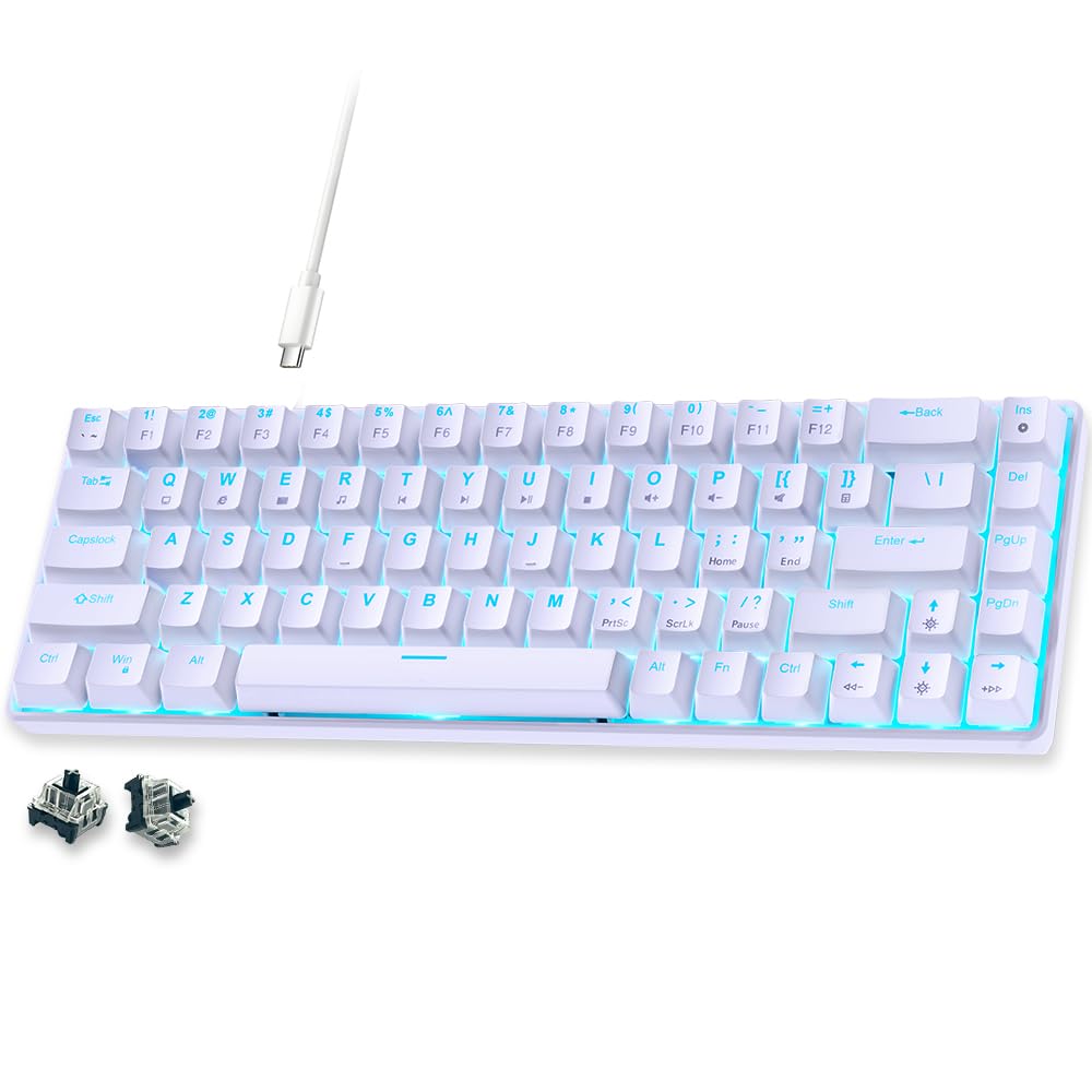 abucow 60% Mechanical Gaming Keyboard, Black Switch Wired Compact Keyboard with Blue Backlight, Swappable White Keycaps, for Windows/Mac