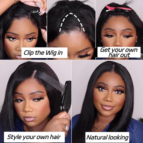 V Part Wig Human Hair Kinky Straight 20 Inch Vpart Human Hair Wig Upgrade U Part Wig Yaki Straight Clip in Half Wigs for Black Women Glueless No Leave Out 180% Density Natural Color