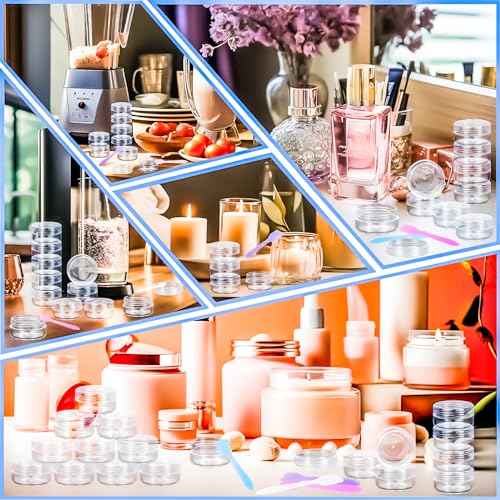 MotBach 50PCS 10g Empty Sample Containers with Clear Lids,Refillable Makeup Sample Containers, Small Sample Pot Jars Travel Makeup Containers with Mini Spatulas for Liquid Powder Creams Lotions