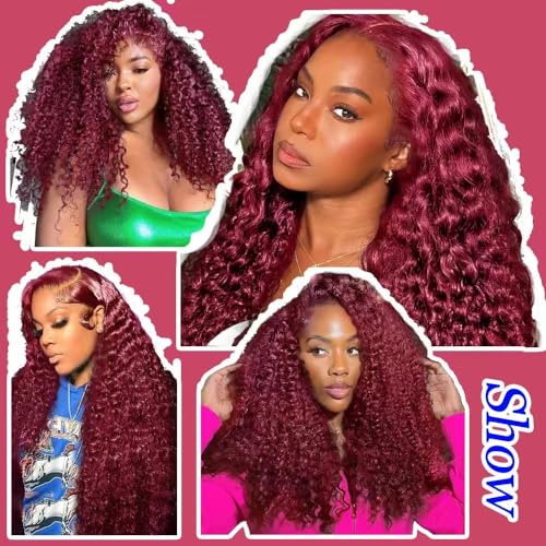Burgundy Wig Human Hair 13x4 Deep Wave Lace Front Wigs Human Hair Pre Plucked 250% Density 99j Burgundy Lace Frontal Wigs Wet and Wavy Curly Wig for Women (18 Inch)