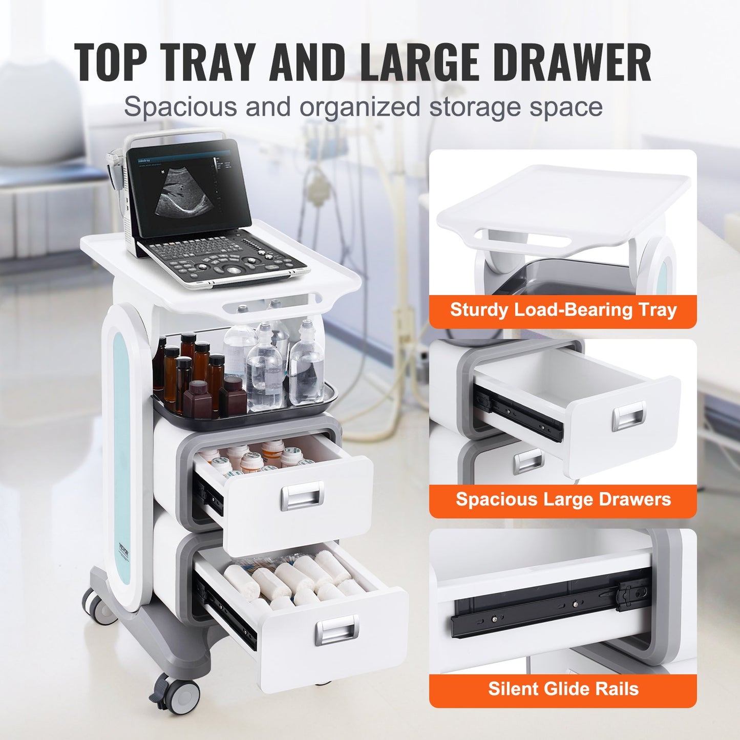 Mobile Medical Cart with 3 Tiers, 2 Drawers & Top Tray - Grey
