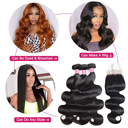 Body Wave Bundles with Closure Brazilian Human Hair 3 Bundles with Closure£¨14 16 18+12£©Body Wave 100% Unprocessed Virgin Hair Bundles with 4x4 Lace Closure Free Part Natural Black Color