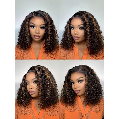 ISEE Hair Highlight Glueless Bob Wigs Human Hair Pre Plucked Pre Cut 2/30 Honey Blonde Curly Human Hair Wig for Black Women Ombre Water Wave 5x7 HD Lace Closure Wigs with Elastic Band 10 Inch