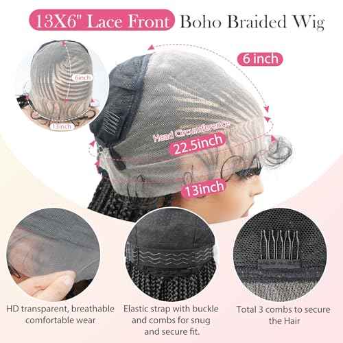 lumeng 13X6 HD Lace Front Cornrow Braided Wigs for Women Knotless Braided Wigs 32" Box Braid Wig with Baby Hair Premium Synthetic Lemonade Braids Natural Looking Hair Black Braided Lace Front Wigs