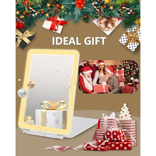 Travel Mirror with Lights Makeup Mirror Touch Screen 3 Colors Light 72 LEDs Rechargeable, 1000mHA 7.9x5.3-Inch Desk Compact Mirror White