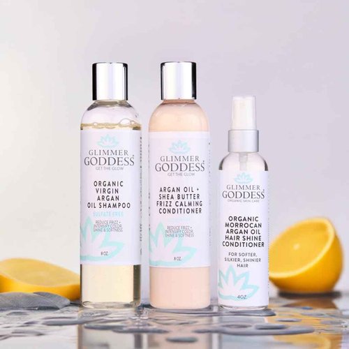 Glimmer Goddess Organic Argan Oil Hair Treatment Trio, Hydrating Shampoo, Deep Conditioner, Hair Shine Spray