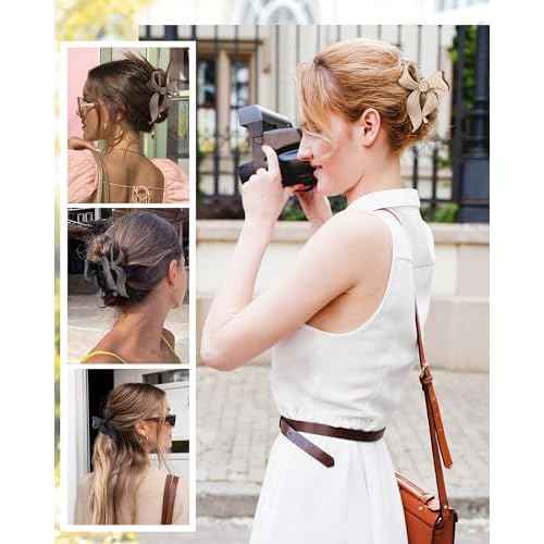 4 PCS Bow Hair Clips Bow Claw Clip for Women, Large Hair Claw Clips for Thin Thick Long Hair Cute Nonslip Bows (Black+Grey+Dark Brown+Light Brown)