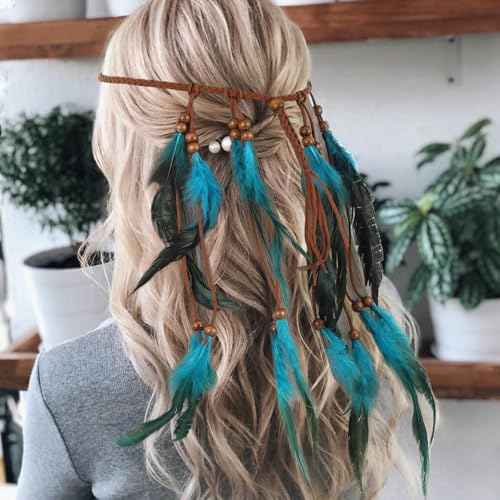 Indian Headdress, Boho Indian Feather Headband, Native American Headband, Hippie Headbands for Women, Native American Headdress, Native American Hair Accessories for Women and Girls Blue