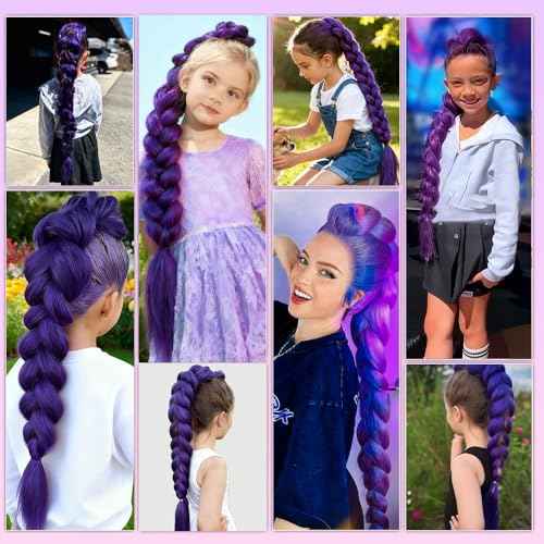 long Purple Braiding Hair Pre stretched Synthetic Hair Extensions for Braids,Yaki Texture Purple Hair Extensions for Stage Party Halloween Costume Cosplay 24 inch