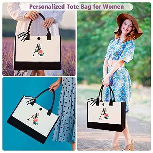Initial Canvas Tote Bag, Personalized Birthday Gifts for Women Mom Friends Teachers, Monogrammed Tote Bags Suitable for Mother's Day Wedding Beach (Letter A)