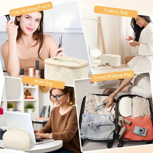 Makeup Bag 3 Pcs PU Leather Waterproof Cosmetic Bag Portable Travel Cosmetic Bag(White)