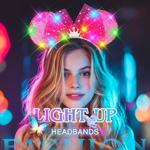 ACEDRE Light Up Mouse Ears Headband Sequin Bow Princess Crown Hair Accessories for Women