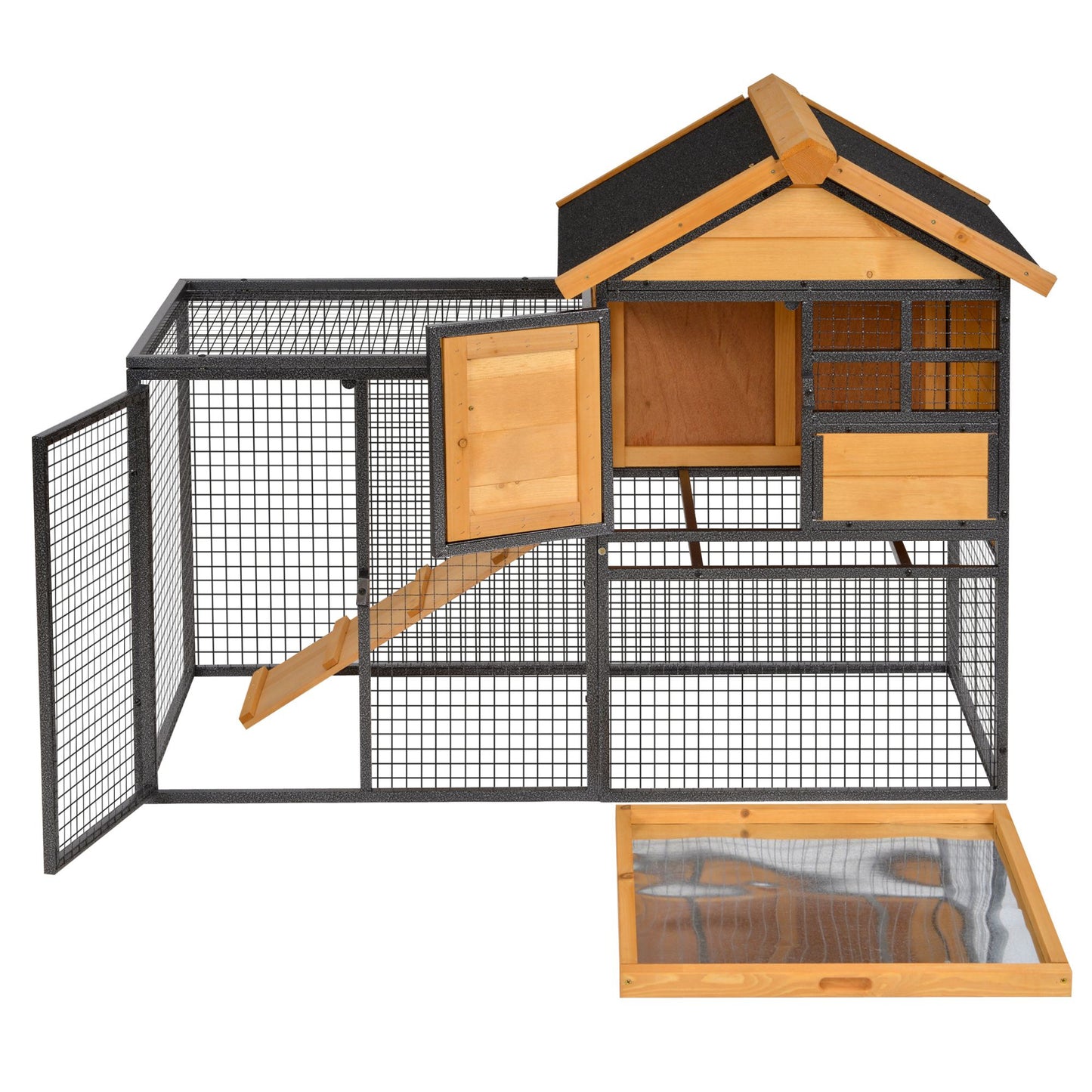 Outdoor Rabbit Cage with Elevated Design & Slide-Out Tray - Natural Wood & Black