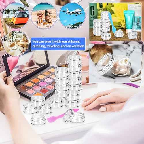 MotBach 100 Pcs 5g Empty Plastic Containers with Clear Lids,Mini Makeup Sample Containers, Small Sample Pot Jars Round Cosmetic Jars with Mini Spatulas for Liquid Sample Powder Creams Lotions