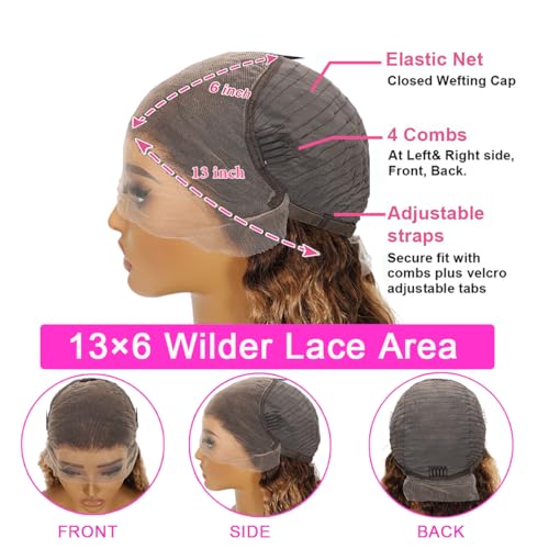 13x6 Highlight Ombre Lace Front Wig Human Hair HD Glueless Deep Wave Wig Honey Blonde 4/27 Pre Plucked Wet and Wavy Curly Wig for Women Long Natural Soft Human Hair Wigs18 Inch