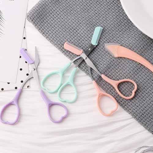 Eyebrow Scissors with Eyebrow Razor,Eyebrow Trimmer with Comb,Non Slip Finger Grips Trimmer Eyebrow Scissors, Hair Removal Beauty Accessories for Men Women (Light Pink, Green, Purple)